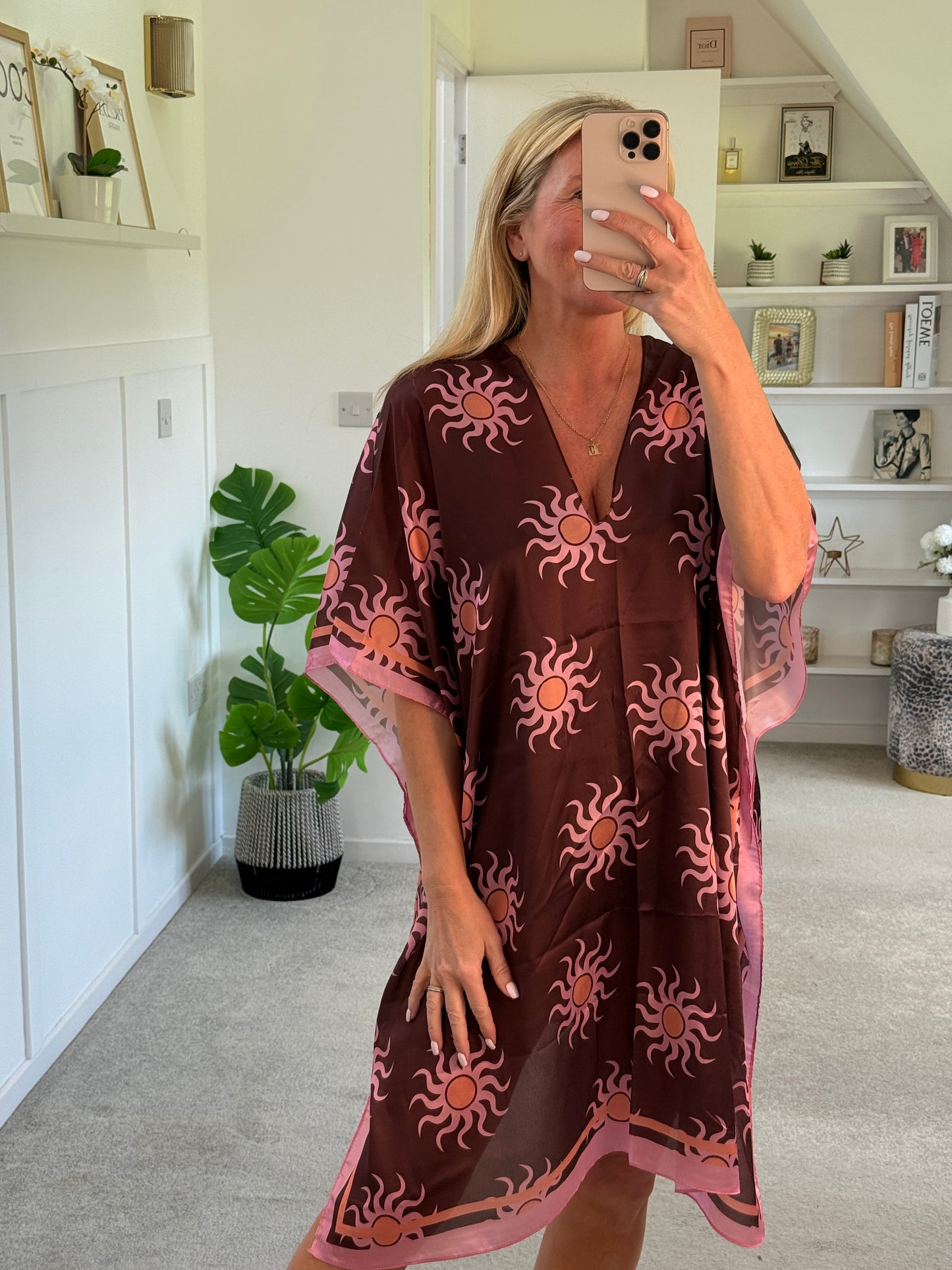Lemon/Pink Sun Print Floaty Kaftan Dress