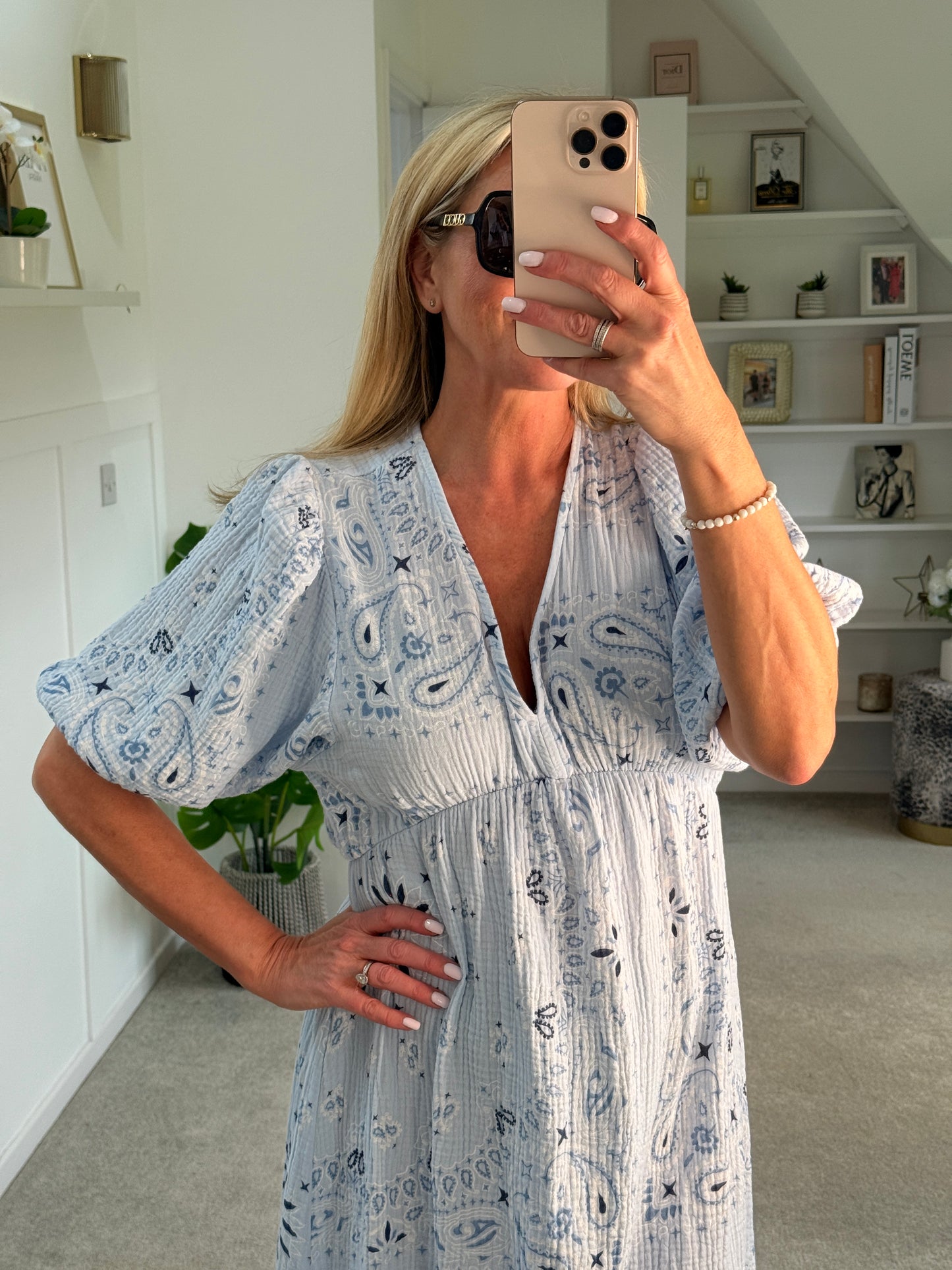 White Paisley Print Cheesecloth Midi Dress