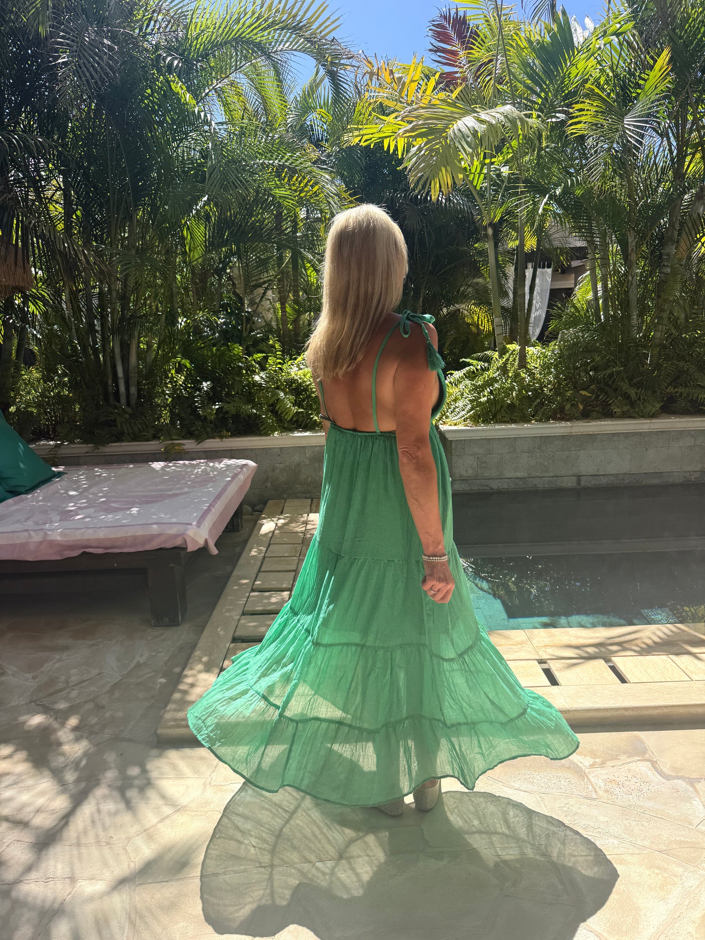 Kelly Green Tie Strap Tiered Maxi Dress