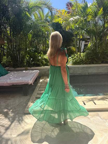 Kelly Green Tie Strap Tiered Maxi Dress