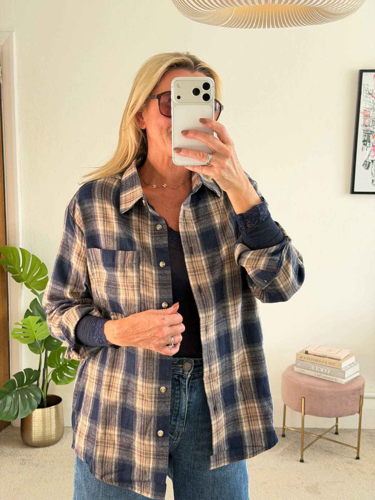 Navy Check Brushed Cotton Blend Shirt