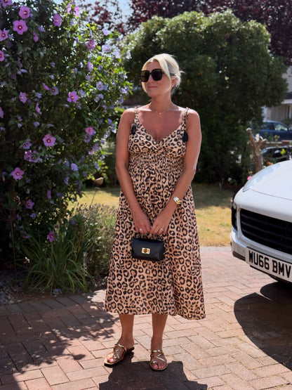 Leopard Tassel Tie Shoulder Midi Dress