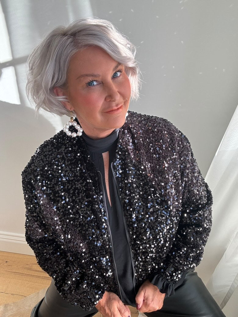Black Sequin Bomber Jacket