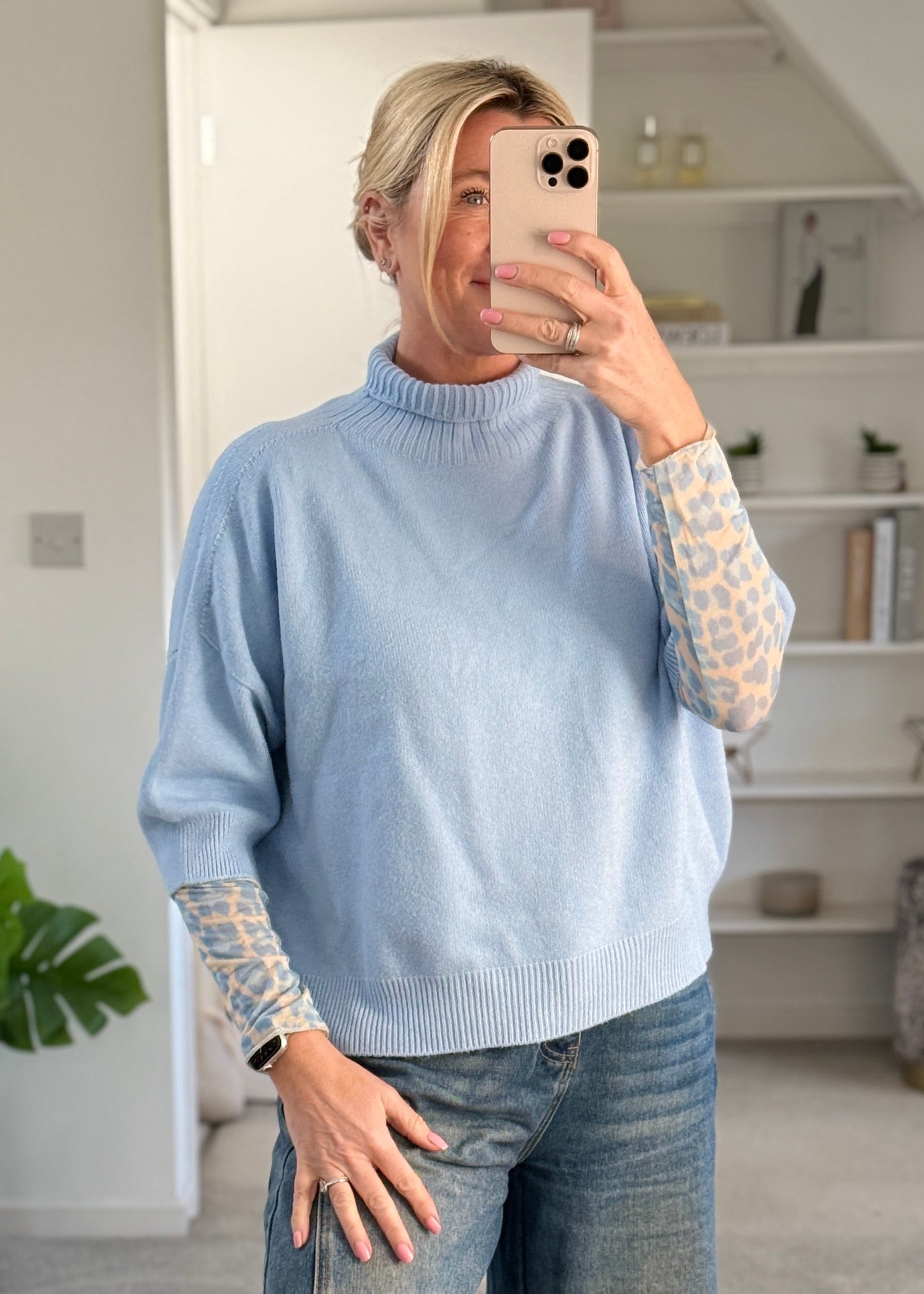 Blue Leopard Cashmere Blend Layering Top