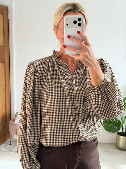 Cream Heritage Check Frill Collar Blouse