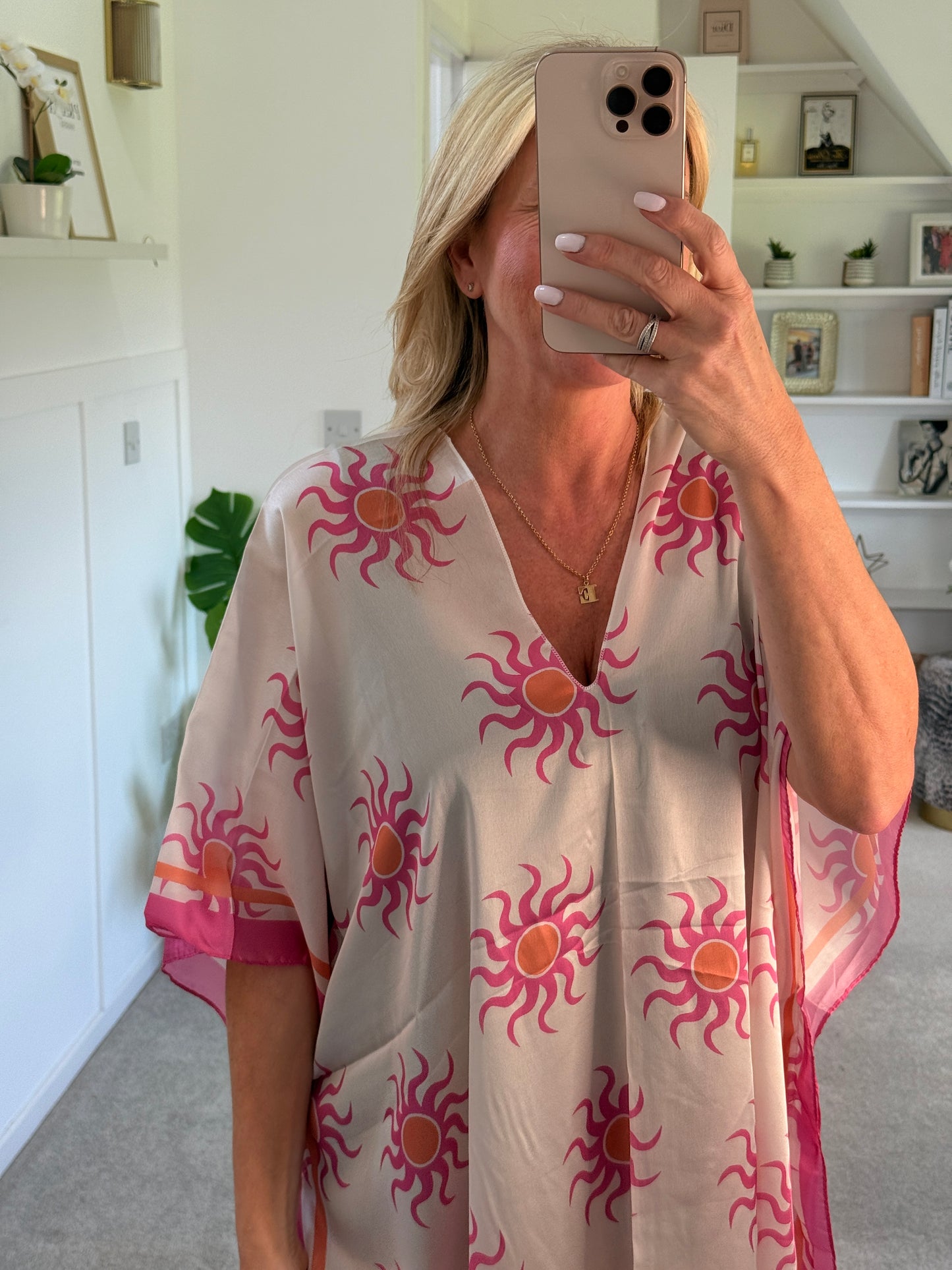 Lemon/Pink Sun Print Floaty Kaftan Dress