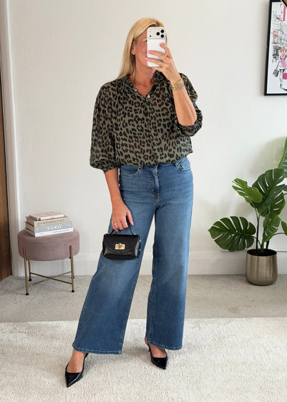 Khaki Leopard 3/4 Puff Sleeve Blouse