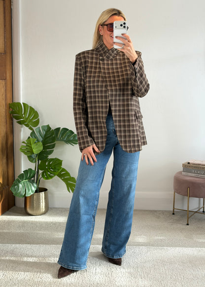 Taupe/Choc Check Asymmetric Button Blazer