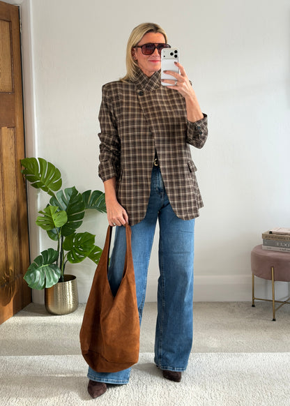 Taupe/Choc Check Asymmetric Button Blazer
