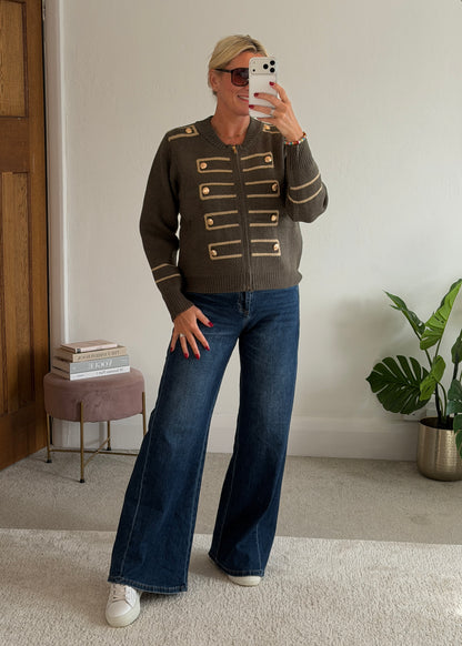Khaki Military Zip Front Knitted Cardi