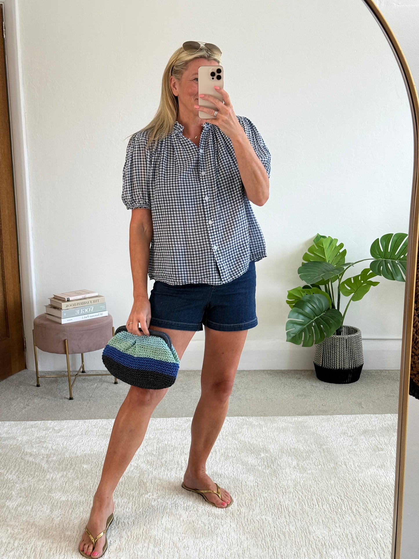 Navy/White Gingham Puff Sleeve Blouse