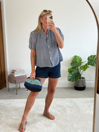Navy/White Gingham Puff Sleeve Blouse