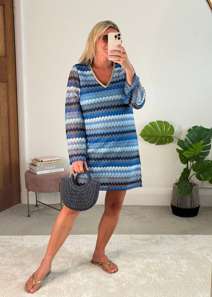 Blue Wavy Crochet Shift Dress