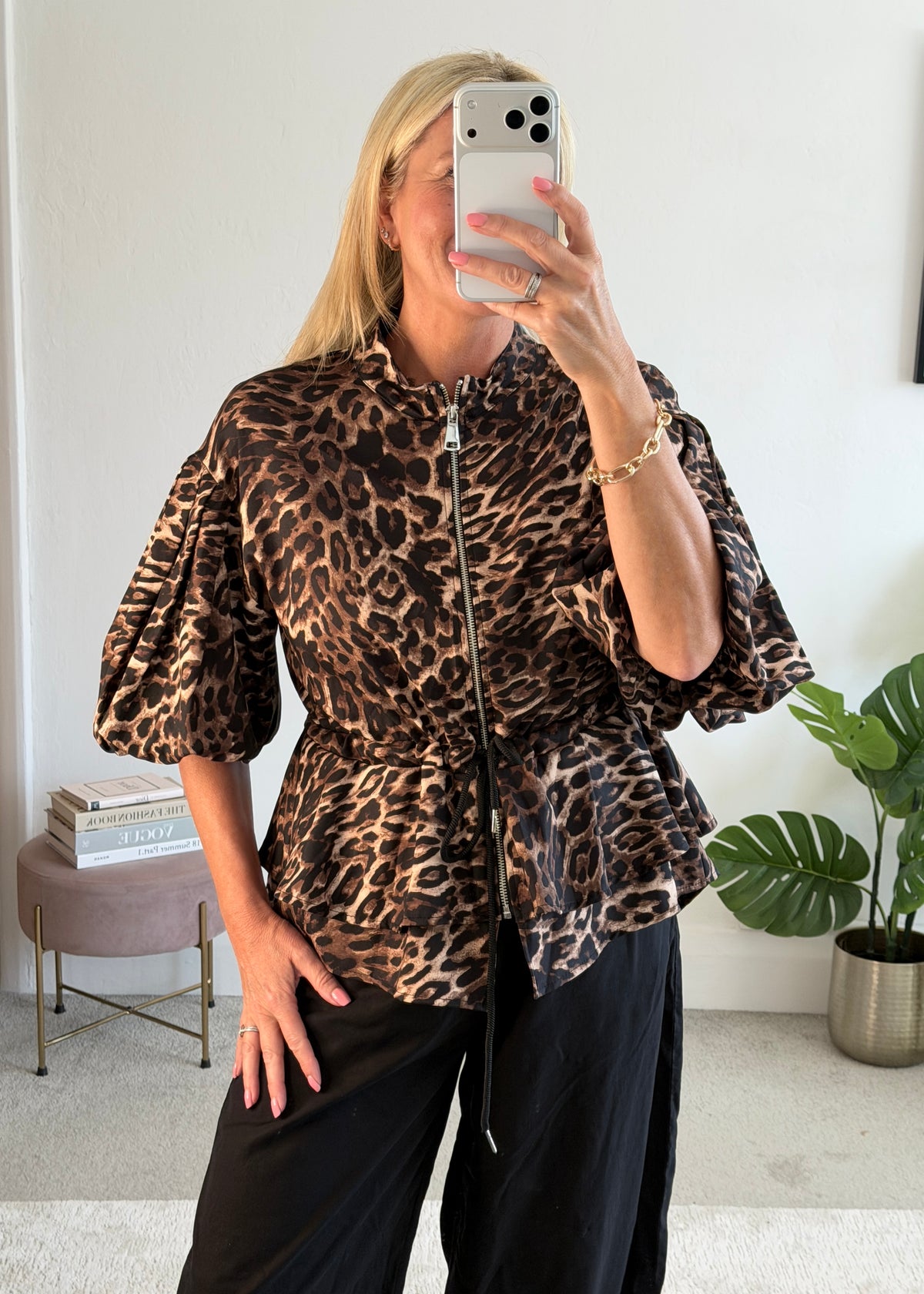 Leopard Balloon Sleeve Peplum Jacket