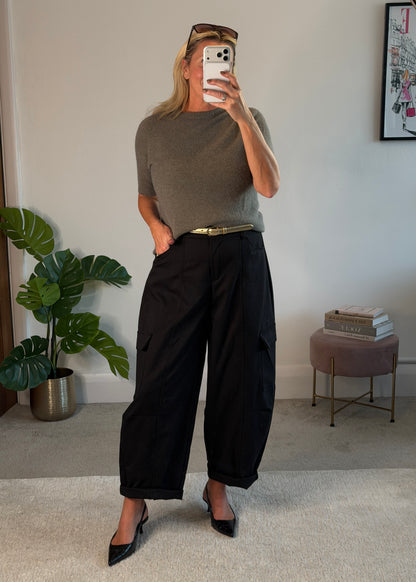 Black Barrel Leg Cargo Trousers