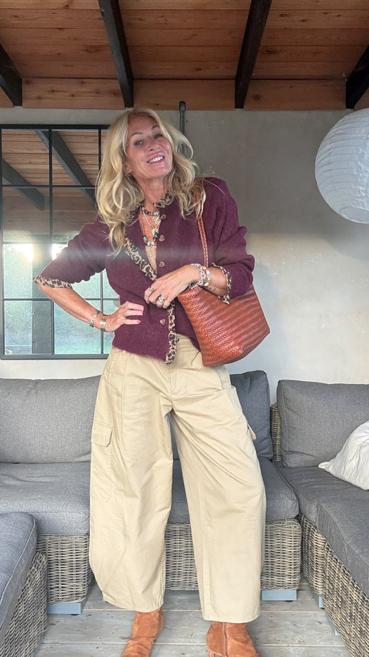 NEW Bordeaux Leopard Trim Crew Neck Cardigan - PRE ORDER