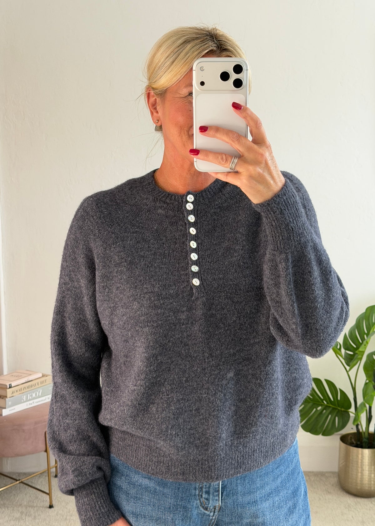 Grey Alpaca Mix Button Jumper