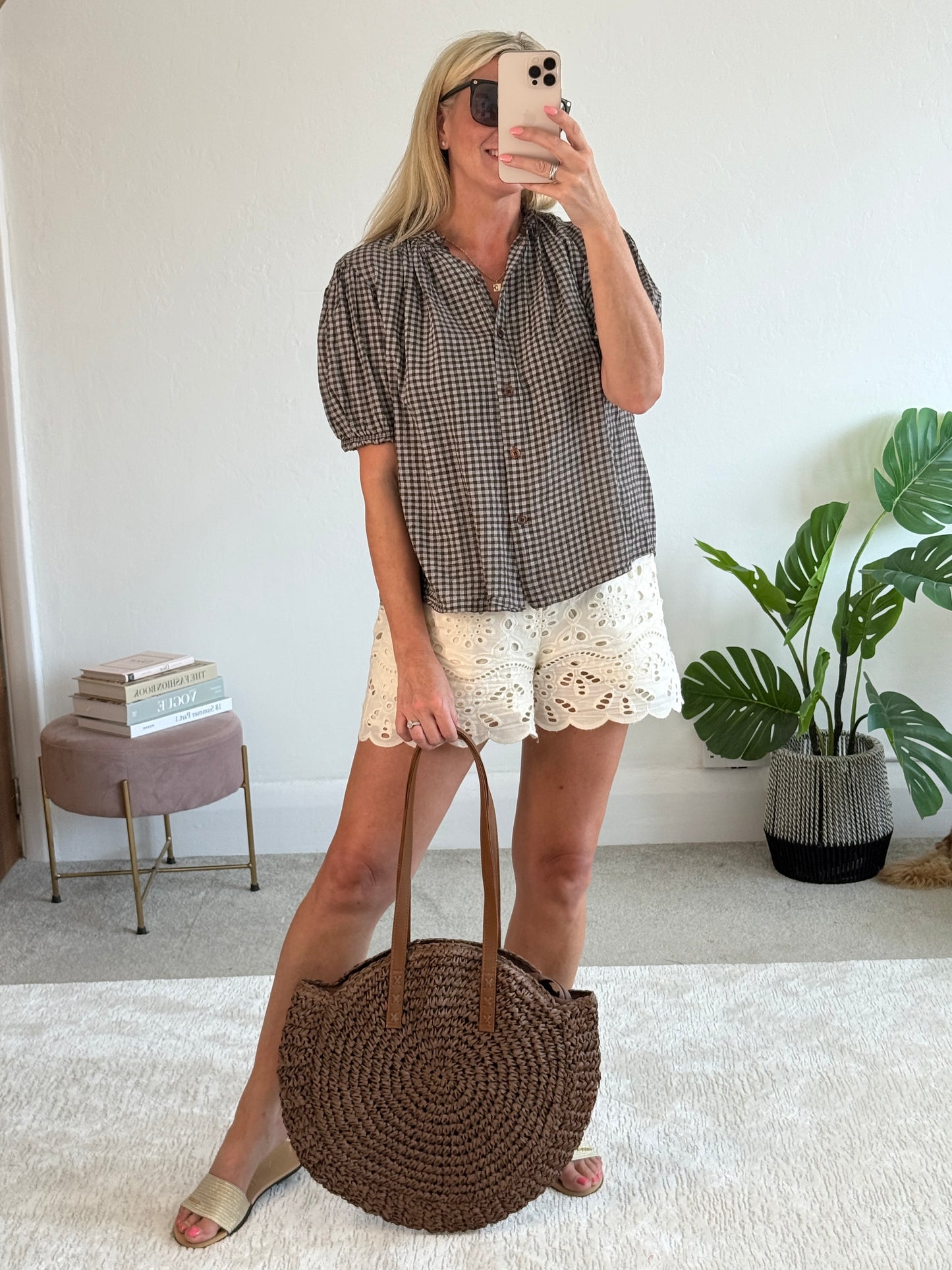 Chocolate Gingham Frill Sleeve Blouse