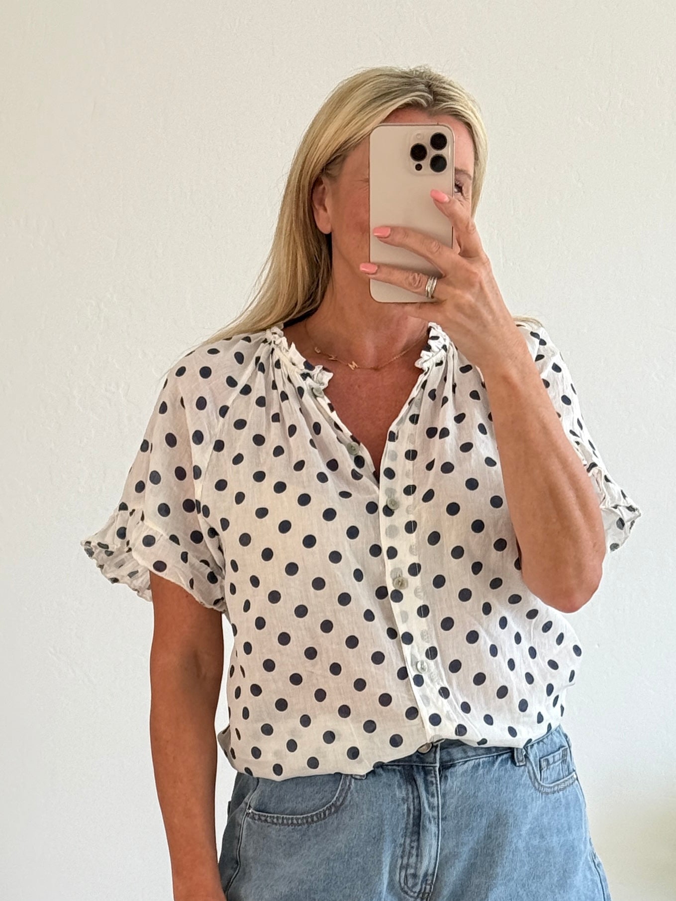 Navy Polka Dot Frill Sleeve Blouse