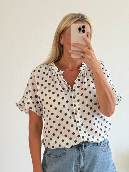 Navy Polka Dot Frill Sleeve Blouse