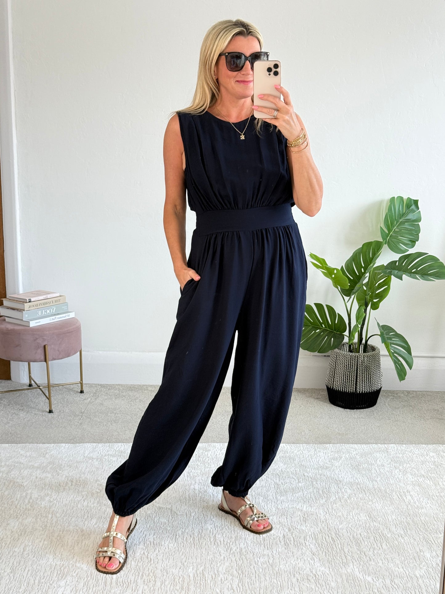 Navy Elasticated Sleeveless Harem Jumpsuit