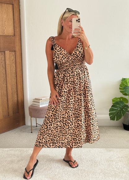 Leopard Tassel Tie Shoulder Midi Dress
