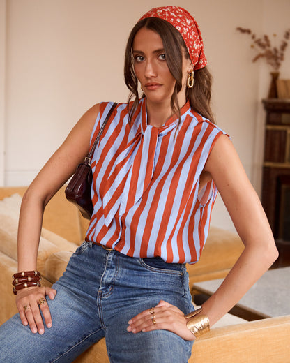 Cornflower Blue Stripe Tie-Neck Blouse