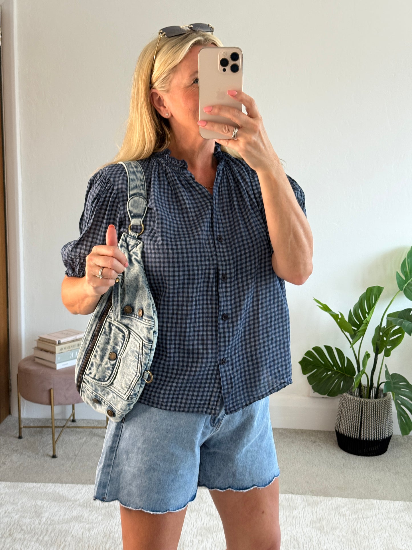 Navy Gingham Frill Sleeve Blouse
