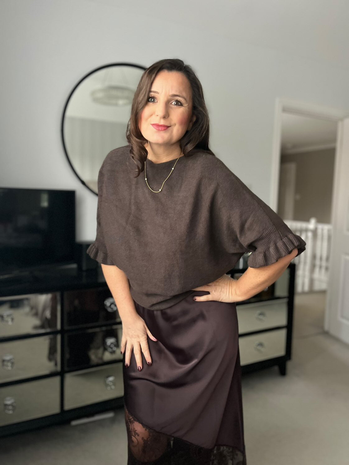 Chocolate Satin Asymmetric Lace Detail Maxi Slip Skirt