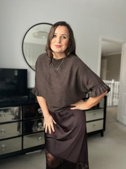 Chocolate Satin Asymmetric Lace Detail Maxi Slip Skirt