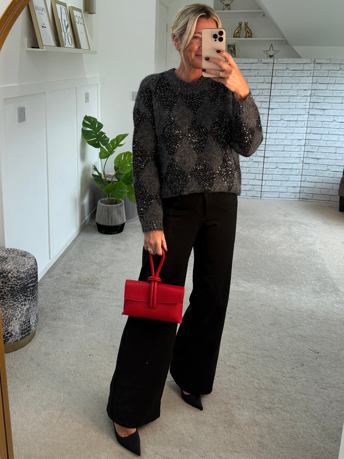 Grey Sequin Argyle Diamond Knit Jumper