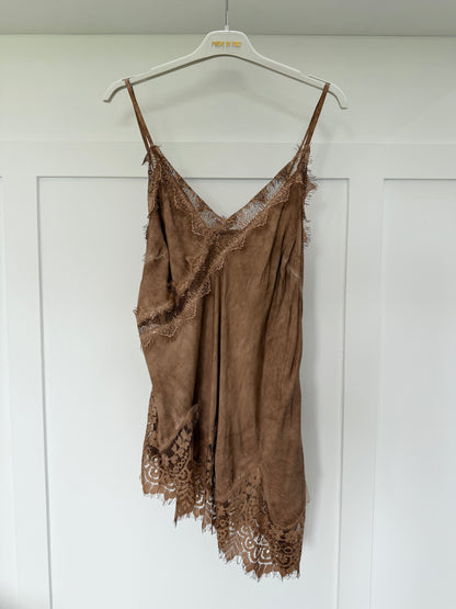 Camel Satin Lace Asymmetric Cami Top
