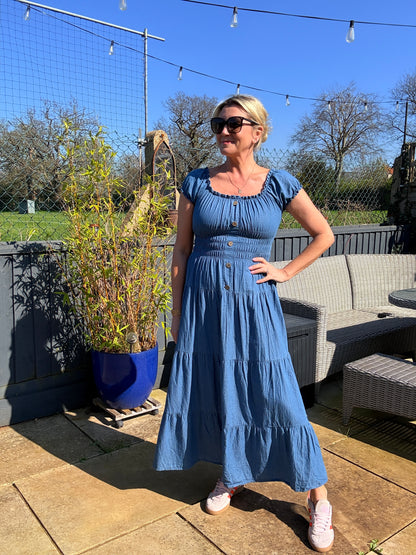 Blue Denim Bardot Tiered Maxi Dress
