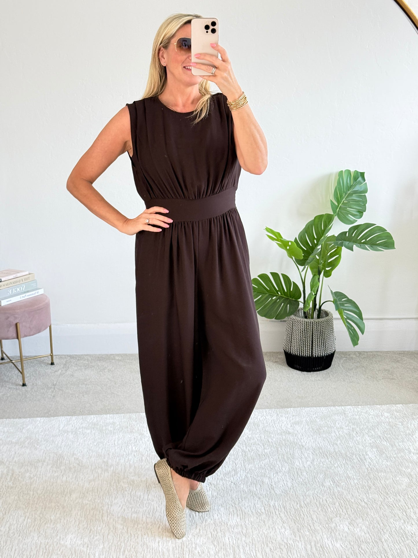 Chocolate Elasticated Sleeveless Harem Jumpsuit