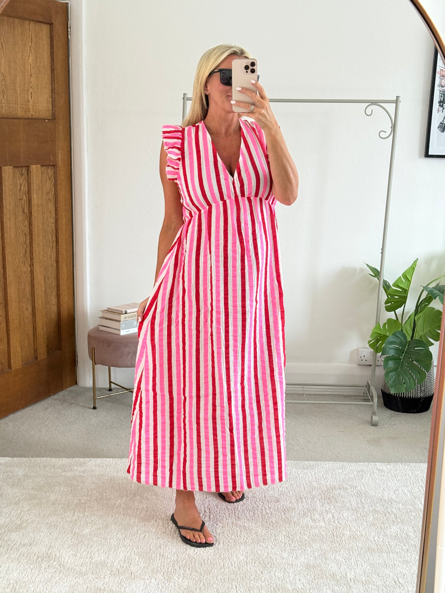 Pink/Red Stripe Cheesecloth Frill Sleeve Maxi Dress (Pre-Order)