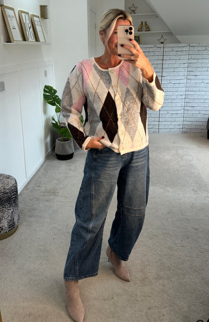 Oatmeal/Pink Argyle Crew Neck Cardigan