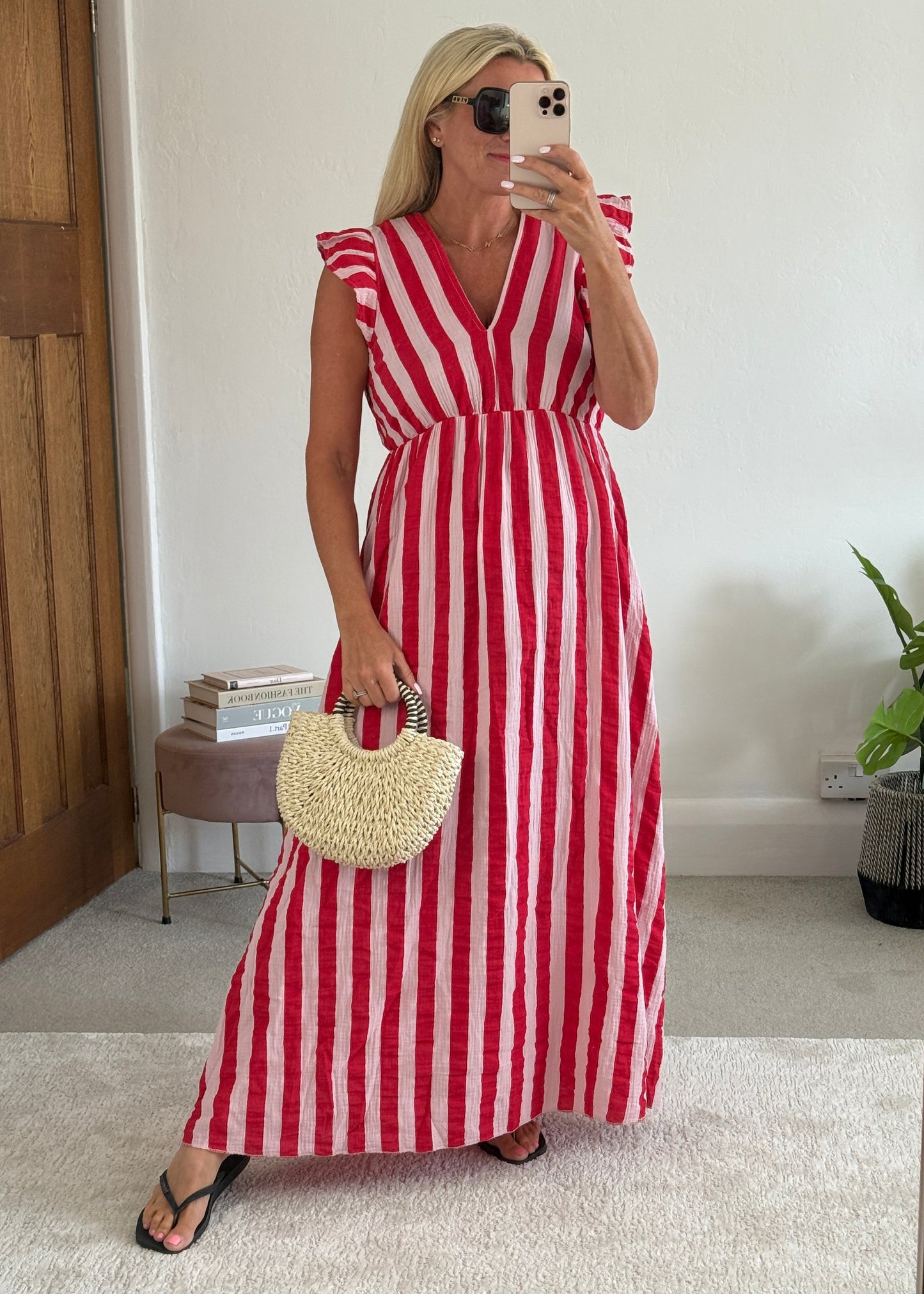 Pink/Red Stripe Cheesecloth Frill Sleeve Maxi Dress