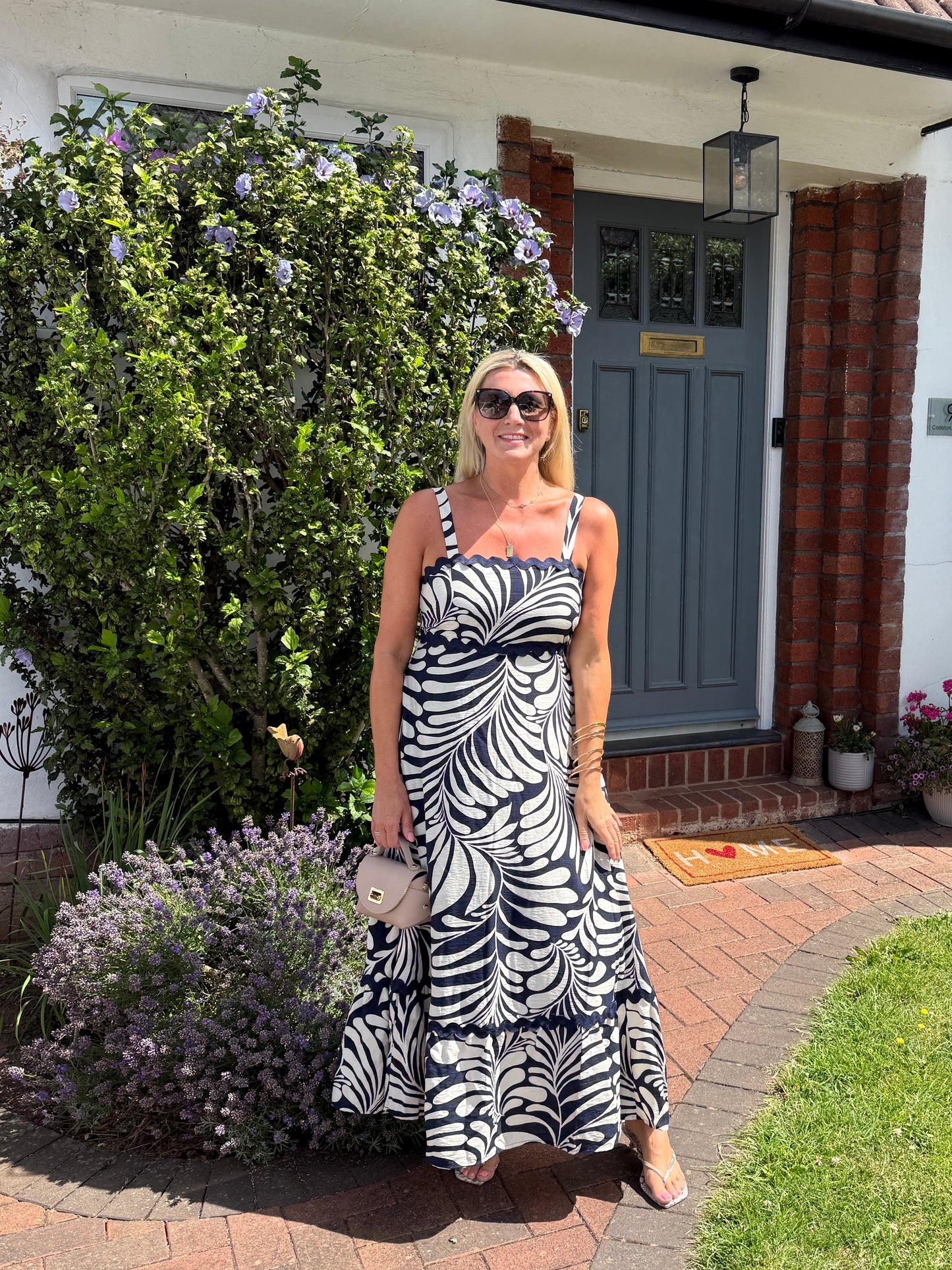 Navy Printed Scallop Detail Dress