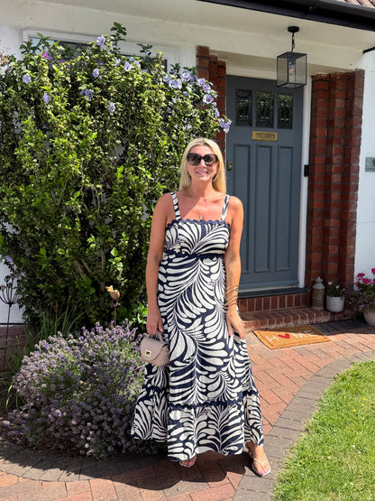 Navy Printed Scallop Detail Dress