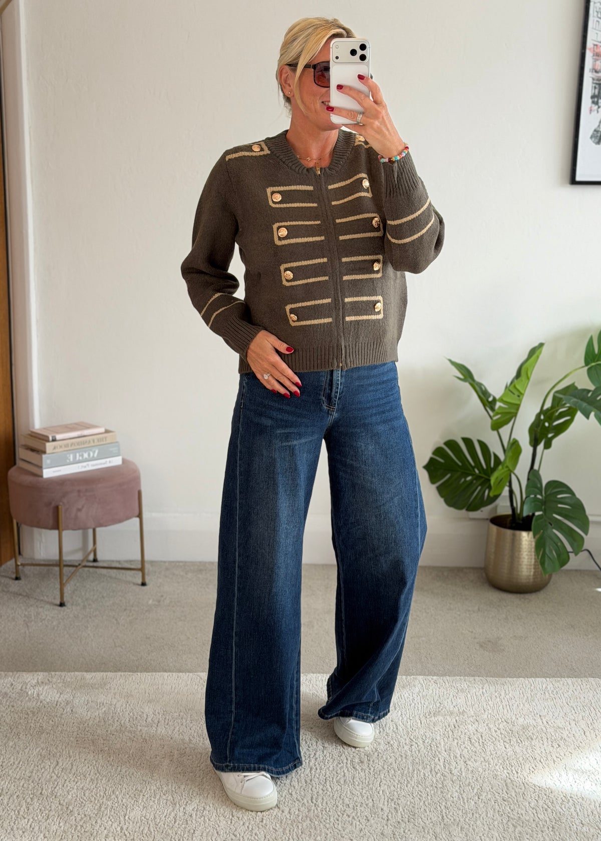 Khaki Military Zip Front Knitted Cardi