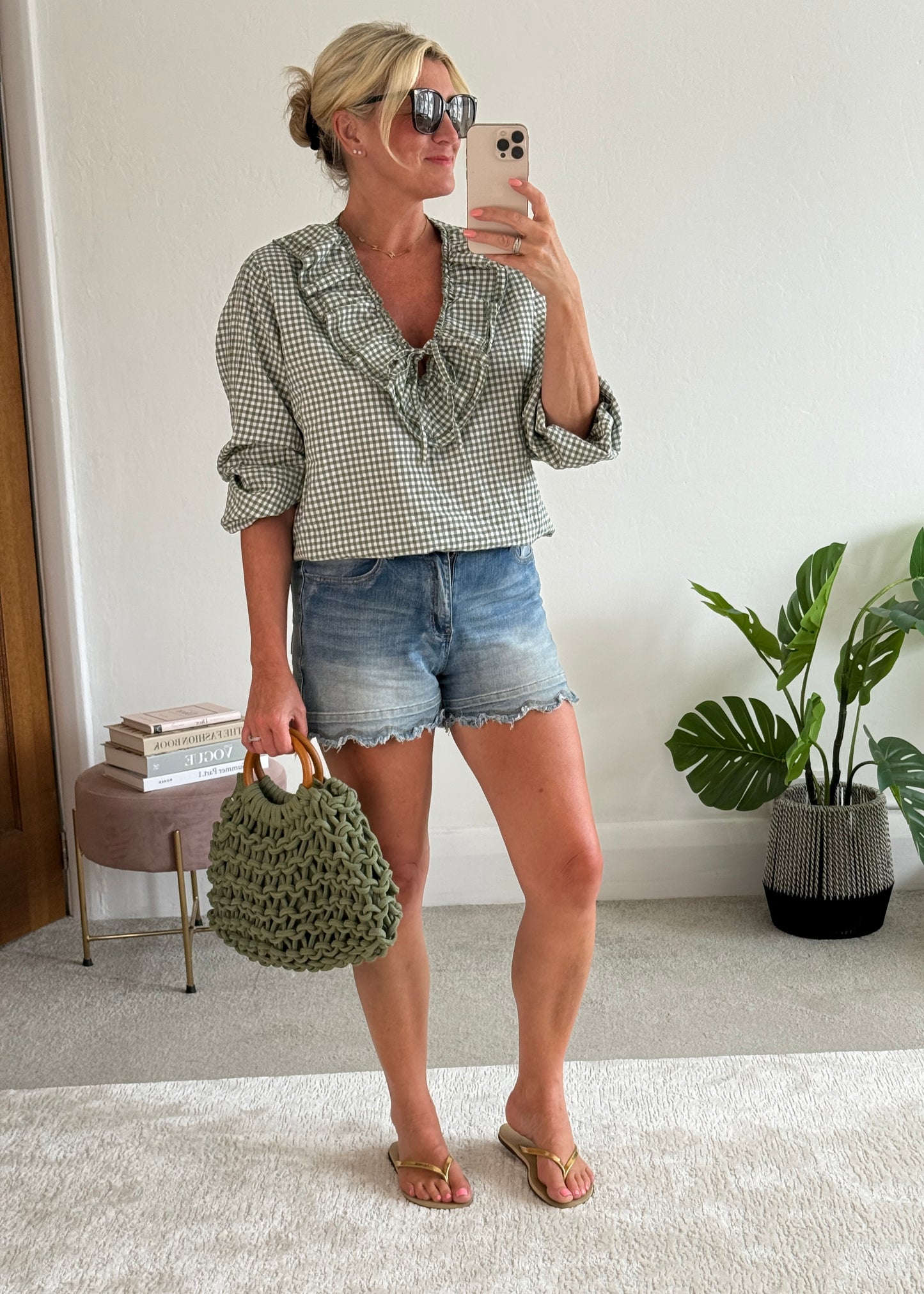 Khaki Gingham Ruffle Blouse