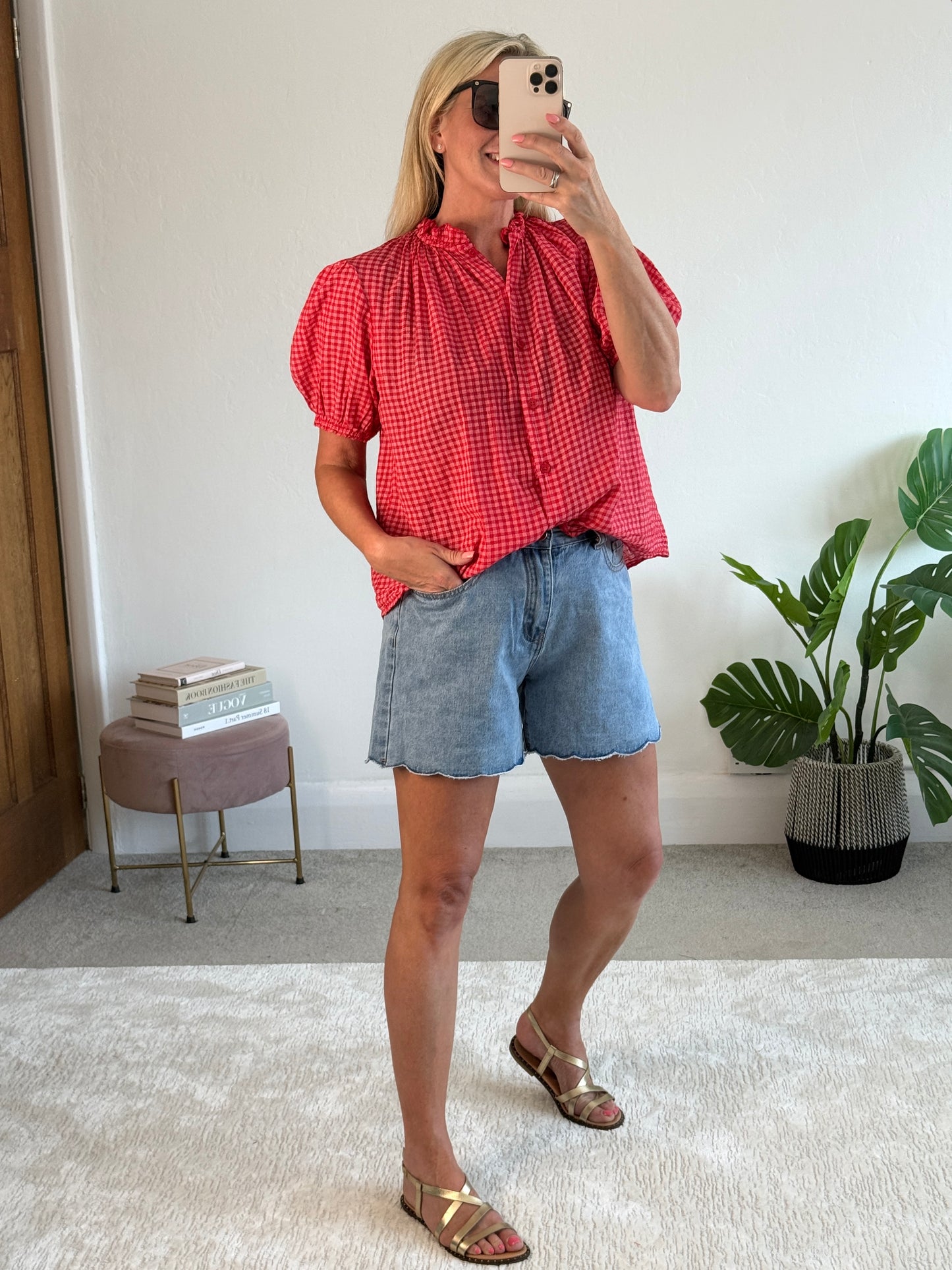 Red Gingham Puff Sleeve Blouse