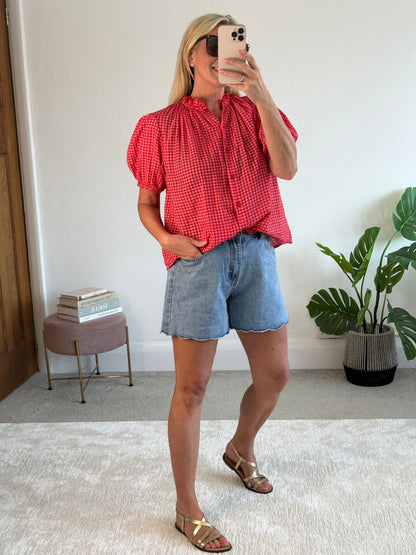 Red Gingham Puff Sleeve Blouse
