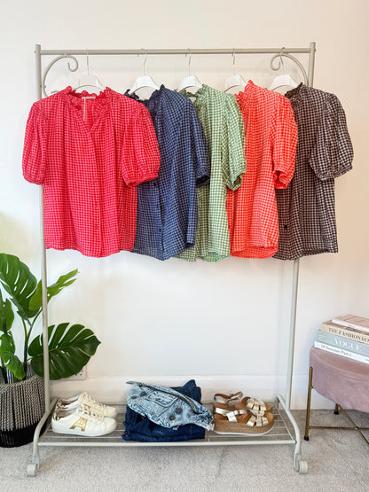 Navy Gingham Frill Sleeve Blouse