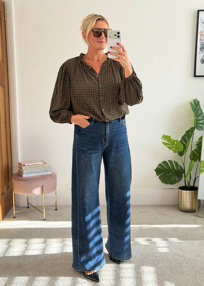 Khaki Heritage Check Frill Collar Blouse