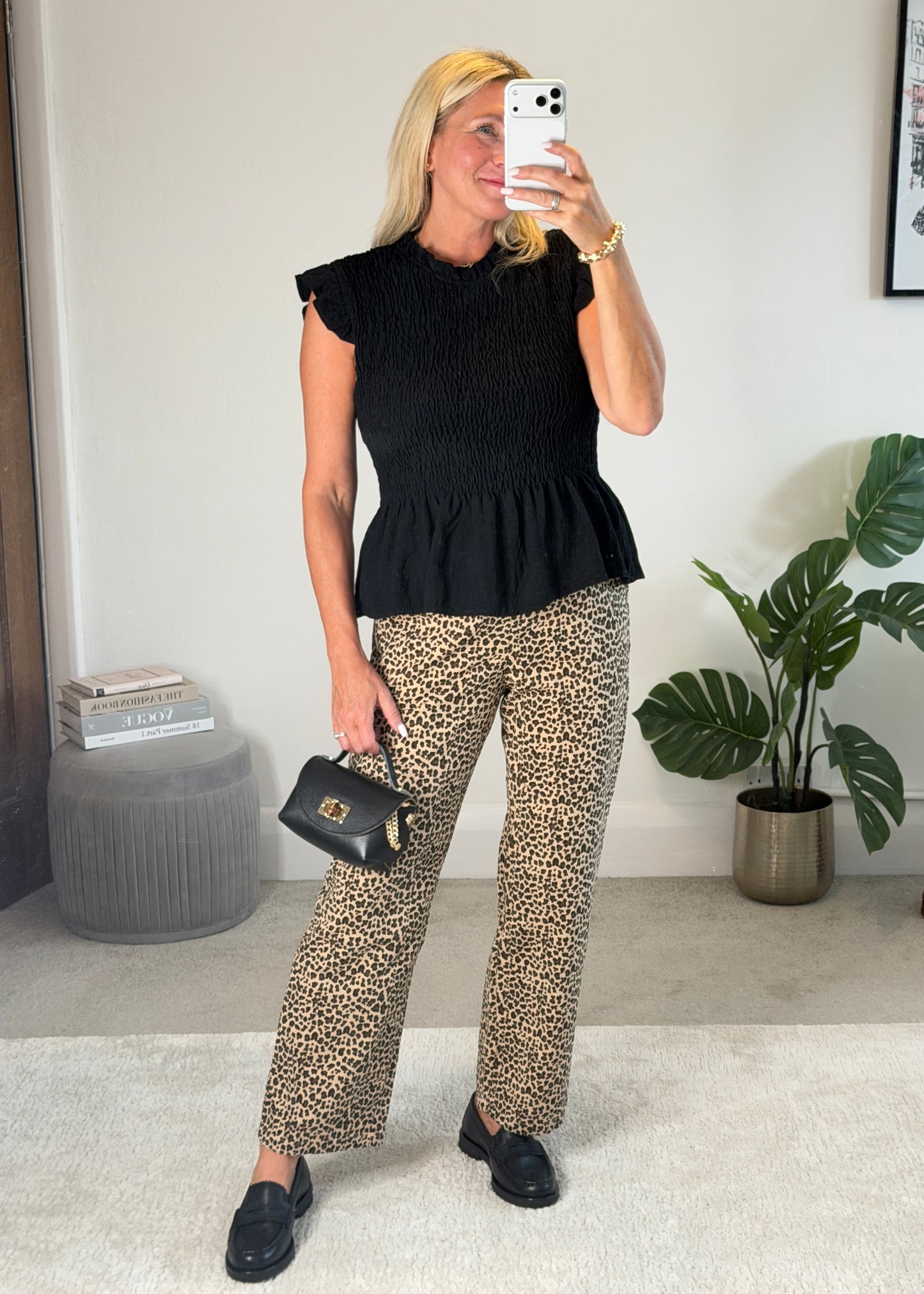 Black Smocked Peplum Top