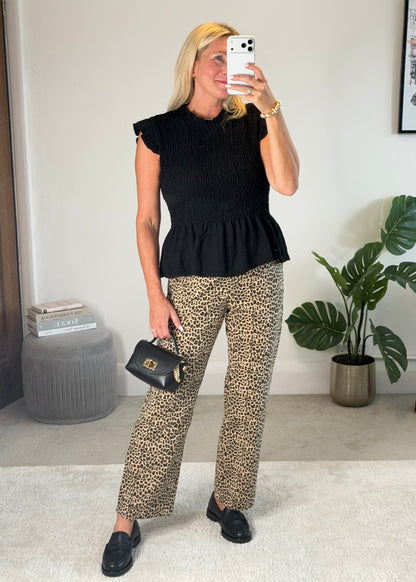 Black Smocked Peplum Top
