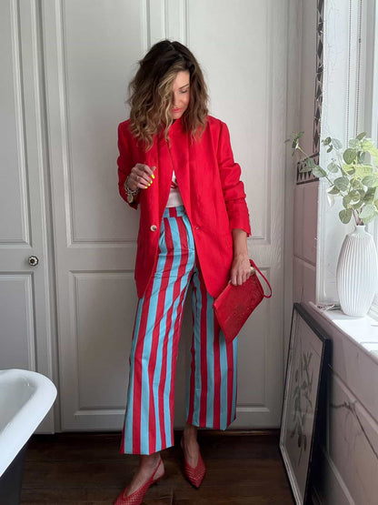 Red/Turquoise Blue Stripe Trousers