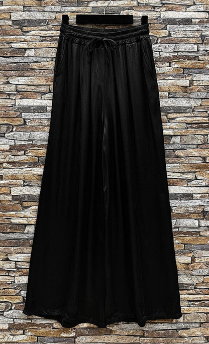 Emy Black Satin Wide Leg Trousers