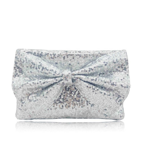 Silver Large Bow Glitter Clutch Bag